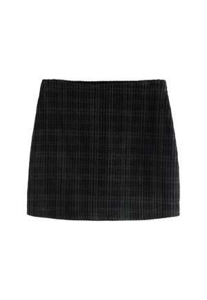 Black ribbed mini skirt with a fitted design, featuring vertical stripes and a smooth texture. No visible hardware or accents.