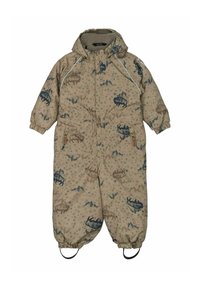 Kinder-zandkleurig skipak met blauwe berg- en dierenpatronen, voorzien van een ritssluiting aan de voorkant, elastische manchetten en schoenbanden voor een veilige pasvorm.