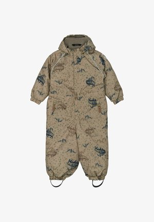 Bērnu brūns sniega tērps ar ziliem kalnu un dzīvnieku rakstiem, aprīkots ar rāvējslēdzēju priekšpusē, elastīgām aprocēm un zābaku siksnām drošai piegulšanai.