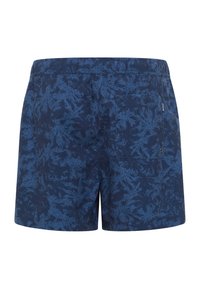 Navy swim shorts with a palm leaf pattern in light blue. Elastic waistband with a back pocket, made from quick-drying fabric.
