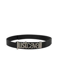 Cintura nera realizzata in materiale liscio, con un logo "justcavalli" argentato al centro, di dimensioni regolabili e design elegante.