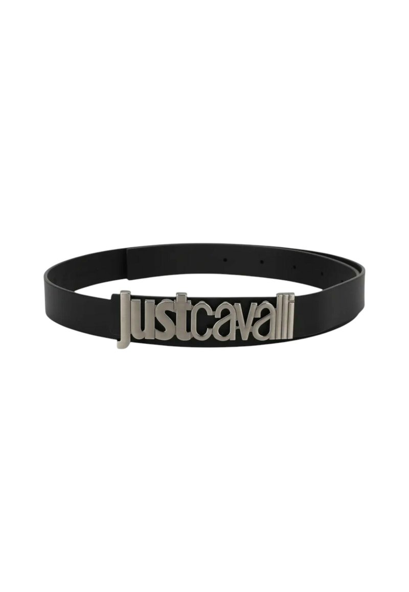 Cintura nera realizzata in materiale liscio, con un logo "justcavalli" argentato al centro, di dimensioni regolabili e design elegante.