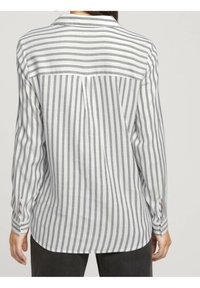Grijze en witte gestreepte shirt met lange mouwen, een kraag en knoopaccenten op de manchetten. Glad materiaal met een ontspannen pasvorm en een plooidetail aan de achterkant.