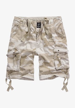 Beżowe szorty w kamuflażu o luźnym kroju, z regulowanym paskiem w talii i wieloma bocznymi kieszeniami. Wykonane z lekkiego materiału o gładkiej teksturze.