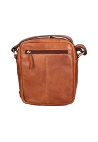 Borsa a spalla in pelle marrone con forma rettangolare, dotata di tasca frontale con zip e finitura texturizzata. Tracolla regolabile.