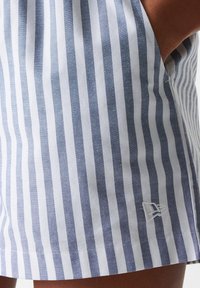 Striped shorts featuring alternating blue and white lines, made from lightweight fabric. Includes side pockets and a small embroidered logo.