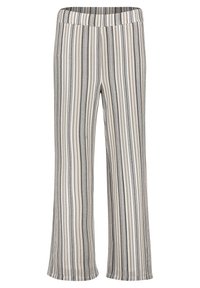 Gestreepte wijde broek in zwart en wit met een elastische tailleband. De stof heeft een zachte textuur met een verticaal meerpatroon ontwerp.