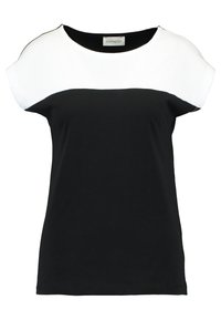Czarny i biały top z krótkim rękawem, charakteryzujący się szerokim dekoltem i wzorem w blokach kolorowych. Wykonany z miękkiego, elastycznego materiału o gładkiej fakturze.