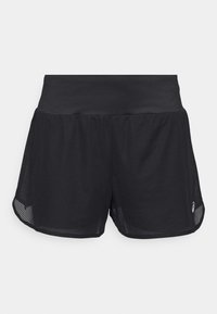 Pantalones cortos deportivos de malla negra con una cinturilla elástica ancha y un pequeño logo en el lado inferior, diseñados para la transpirabilidad y la comodidad.