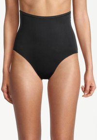 Schwarze, hochtaillierte Badehose aus glattem, elastischem Material mit einer sauberen Verarbeitung und ohne sichtbare Nähte, entworfen für Komfort und Bedeckung.