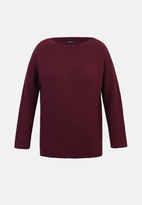 Pull-over bordeaux à finition texturée, col large et manches trois-quarts. Design simple avec une coupe décontractée.