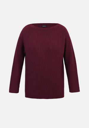 Μπορντό πουλόβερ με υφασμένη υφή, φαρδύ ντεκολτέ και μανίκια τριών τετάρτων. Απλός σχεδιασμός με άνετη εφαρμογή.