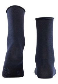 Skarpetki załogi w kolorze granatowym, wykonane z gładkiego materiału. Blisko dziana konstrukcja z prążkowanymi otworami. Posiadają wzmocnioną piętę i palce dla zwiększenia trwałości.
