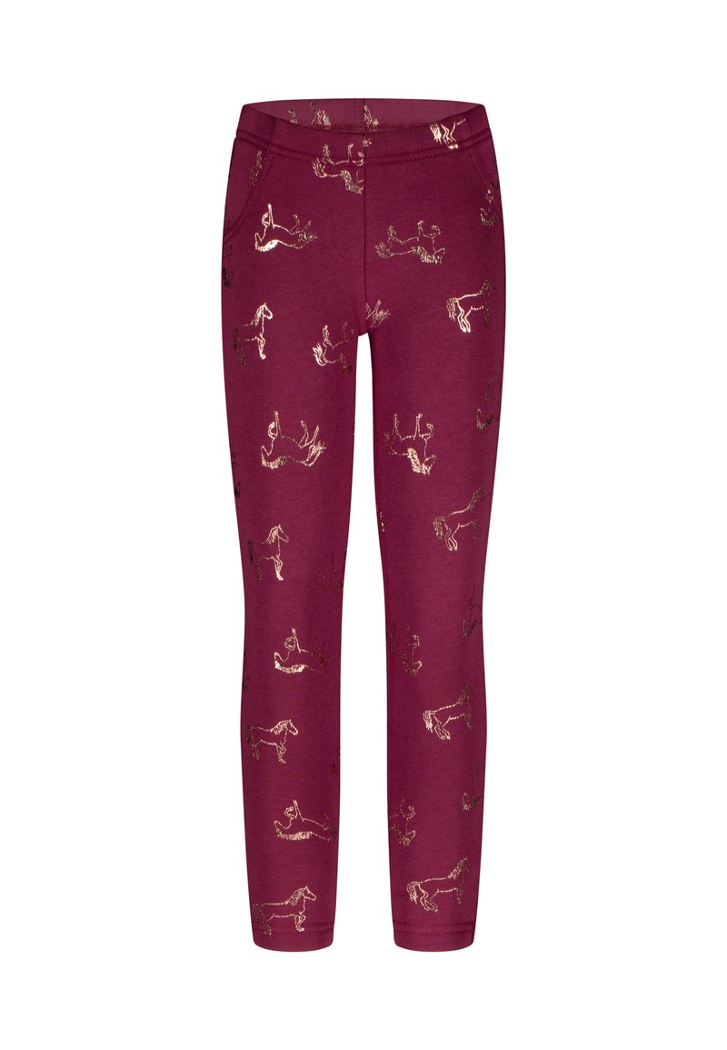 Bordeauxfarbene Leggings aus weichem Stoff mit einem goldenen Pferdeprint-Design im gesamten Stoff. Elastischer Bund für einen bequemen Sitz, ohne sichtbare Beschläge.