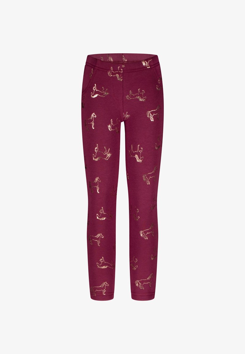 Bordeaux leggings gemaakt van zachte stof, met een gouden paardenprintpatroon verspreid over de hele stof. Elastische tailleband voor een comfortabele pasvorm, zonder zichtbare hardware.