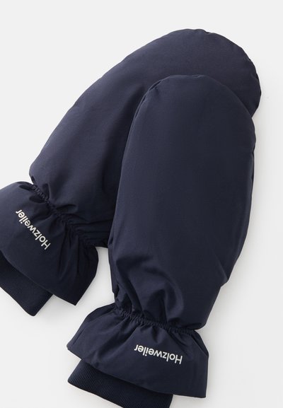Mitinhos azul-marinho com um tecido suave, punhos elásticos e detalhe do logótipo. Apresentam uma forma arredondada para calor e conforto.
