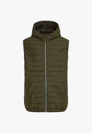 Groen gewatteerd vest met een capuchon, voorzien van een ritssluiting aan de voorkant, twee zijzakken en een horizontaal geweven textuur.