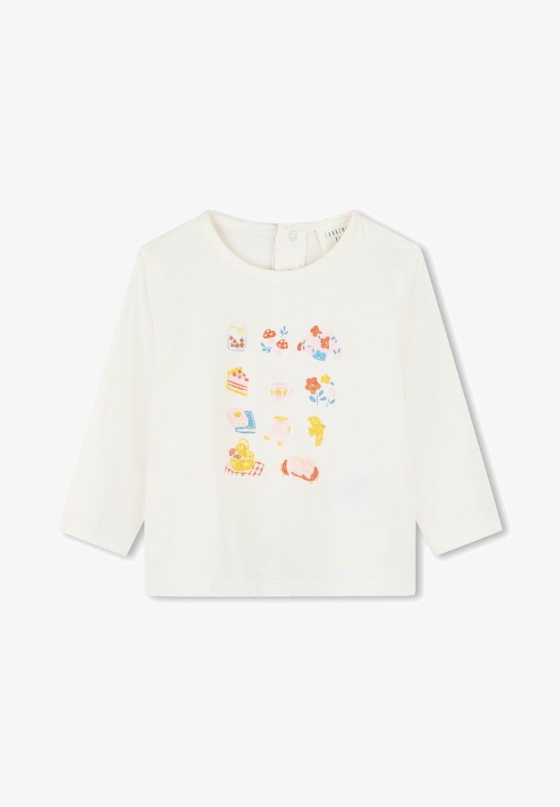 Chemise blanche à manches longues ornée d'illustrations colorées de desserts, de fleurs et de fruits. Matière en coton doux avec un col rond.