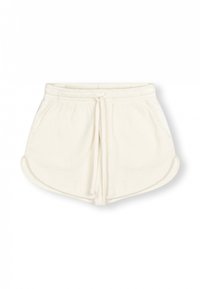 Shorts in pile bianco con cintura elastica, cordoncino regolabile e tasche laterali. Orlo curvo con tessuto testurizzato.