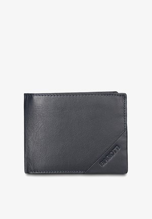 Zwart leren portemonnee met een gladde textuur, voorzien van een diagonale vormgeving en geperst merklogo. Randen zijn met blauw garen gestikt voor contrast.