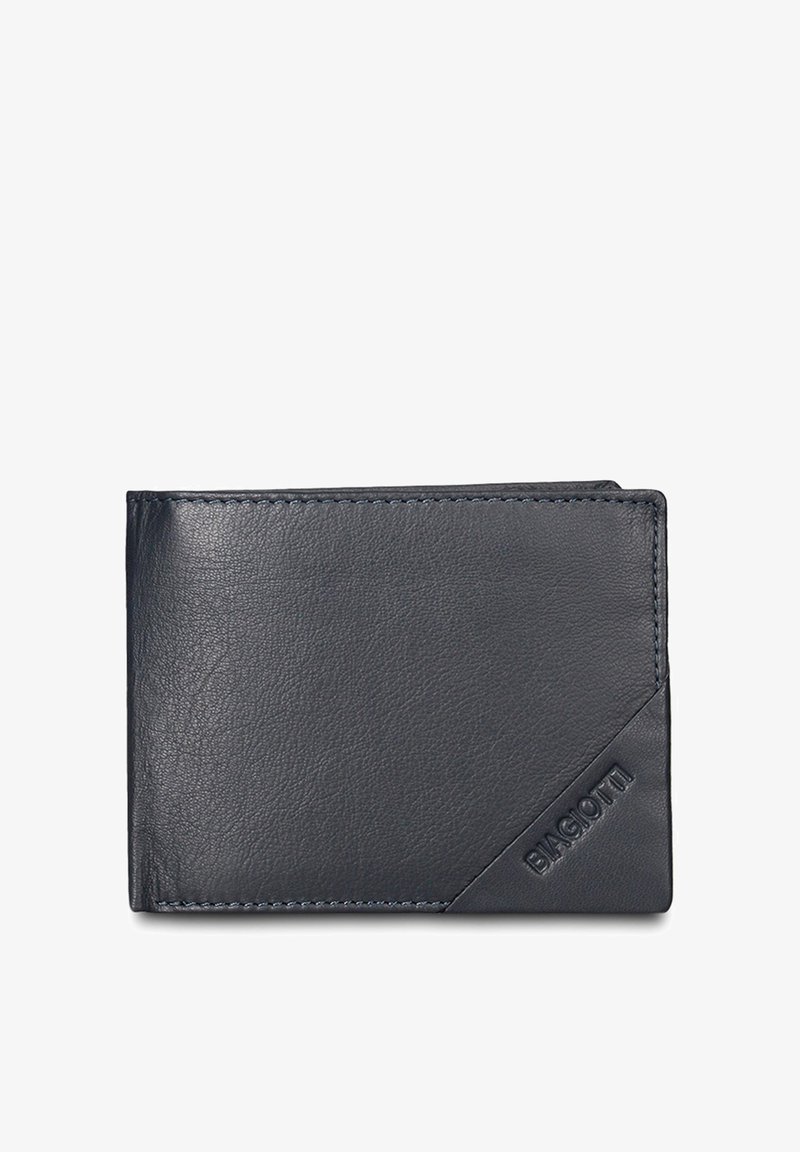 Portafoglio nero in pelle con texture liscia, caratterizzato da un design diagonale e marchio impresso. Bordi cuciti in blu a contrasto.