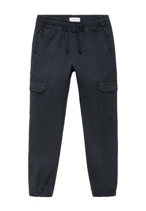 Pantaloni cargo blu navy in cotone, con vita elastica, cordoncino e tasche laterali con chiusura a pattina. Vestibilità affusolata.