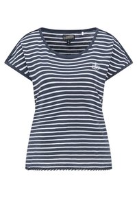 Gestreiftes T-Shirt in Marineblau und Weiß, mit einem Rundhalsausschnitt, kurzen Ärmeln und Spitzenbesatz am Saum. Enthält ein kleines Logodetail.