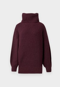 Pull en tricot bordeaux avec un col roulé haut, texture côtelée et manches bouffantes. Présente une coupe décontractée et un design uni.