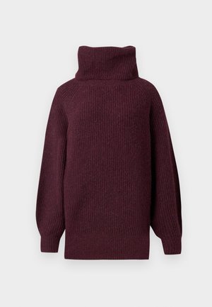 Bordowy sweter dzianinowy z wysokim kołnierzem, teksturą prążkowaną i ballonowymi rękawami. Cechuje się luźnym krojem i jednolitym kolorem.