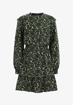 Jurk met lange mouwen tot op de knie, bedrukt met zwarte en groene luipaardprint, elastische taille, gerimpelde zoom en lichte schoudervulling.