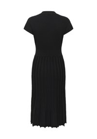Black ribbed knit dress with short sleeves, a collar, and a fitted bodice leading to a flared, pleated skirt.