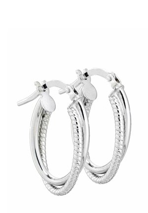 Silver hoop earrings with a textured, twisted design. They feature a hinged clasp for secure fastening and a polished finish.