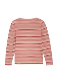 Langärmliges Shirt mit geripptem Textur, pink-weißen horizontalen Streifen, Rundhalsausschnitt und Raffungen an den Schultern.