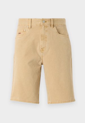Pantaloni scurți din denim bej, cu croi drept, două buzunare frontale și detalii subtile de cusătură. Au sistem de închidere cu buton și un mic etichetă cu logo.