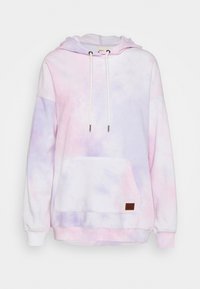 Wciągany hoodie w pastelowym różu i lawendowym tie-dye. Posiada przednią kieszeń, kaptur ze sznurkiem, ściągacze na mankietach oraz małą skórzaną metkę.