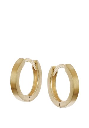 Pair of smooth, flat gold hoop earrings with secure clasp closures on a white background.