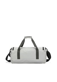 Sac de sport cylindrique gris en matériau durable, équipé de deux poignées sur le dessus et d'une bandoulière réglable. Poche zippée sur le côté.
