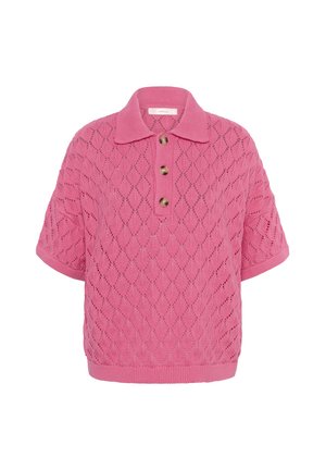 Roze gebreide trui met korte mouwen, een opengewerkt ruitpatroon, een kraag en drie bruine knopen op het voorpand.