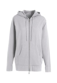 Felpa con zip grigia chiara realizzata in tessuto morbido, con cappuccio regolabile, tasche frontali e polsini e orlo a coste.