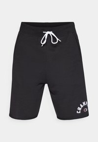 Calções atléticos pretos com cintura ajustável por cordão, bolsos laterais e logótipo "CHAMPION" bordado em branco no lado inferior esquerdo.