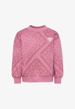 Lyserød sweatshirt med et tekstureret bandana-mønster. Har ribbet halsudskæring og manchetter samt et lille dekorativt emblem på brystet.