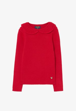 Rode geribde trui met een ronde kraag en lange mouwen. Bevat een klein zilver hartlogo aan de onderzijde rechts. Zachte textuur.
