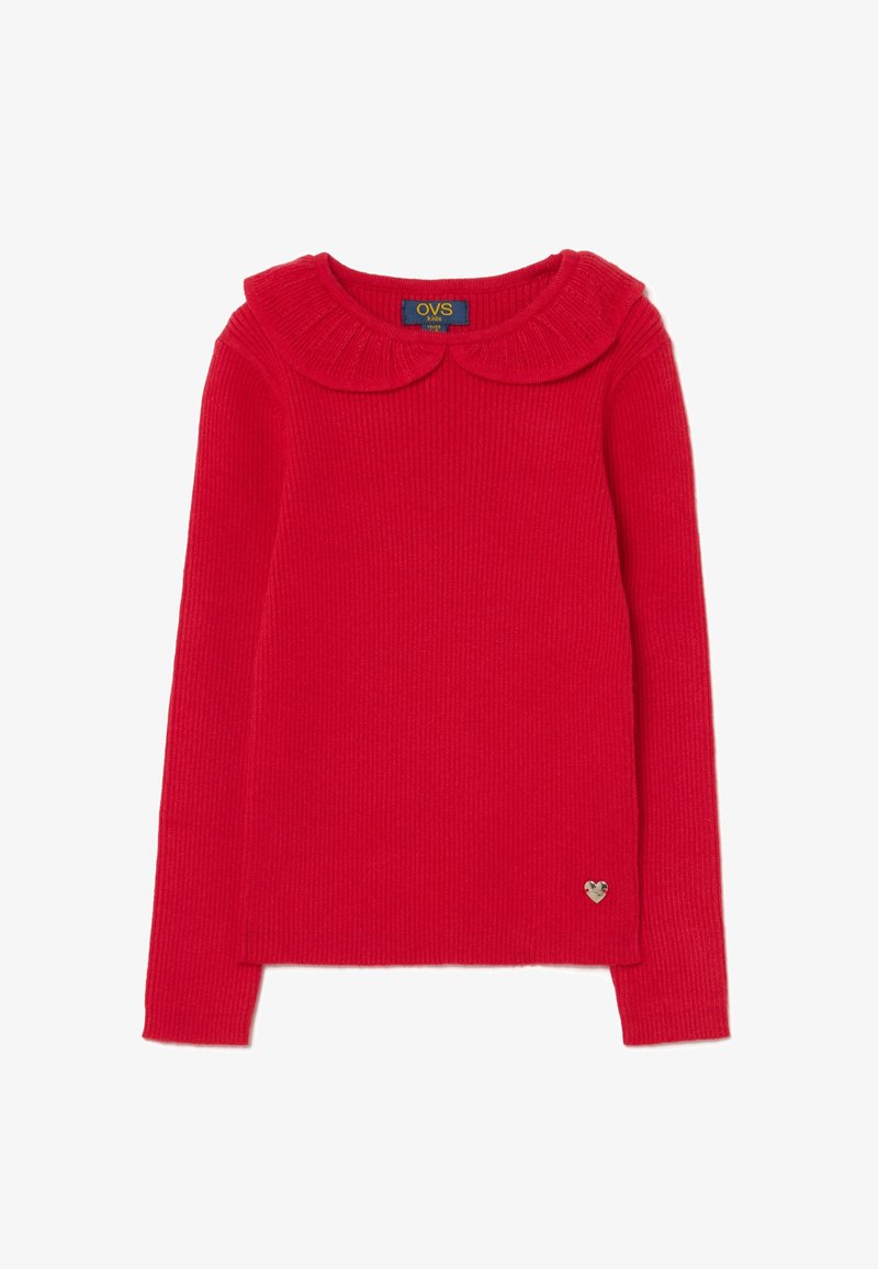 Rode geribde trui met een ronde kraag en lange mouwen. Bevat een klein zilver hartlogo aan de onderzijde rechts. Zachte textuur.