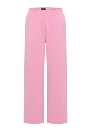 Różowe spodnie o szerokich nogawkach z elastycznym pasem, bez widocznych kieszeni czy zdobień, o gładkiej fakturze tkaniny.