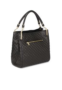 Borsa a tracolla nera con una tasca esterna con zip, manici superiori e accessori in tonalità oro. Presenta un motivo impresso sulla superficie.