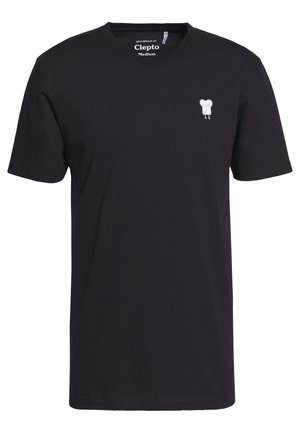 Czarny męski T-shirt o średniej długości, z krótkimi rękawami, z małym białym haftowanym rysunkowym tostem z nogami na lewej piersi.