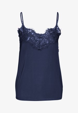 Tumesinine kampsun reguleeritavate rihmadega, mille kaeluses on pitsäär ja friteeritud ääred. Pehme materjal sileda tekstuuriga.