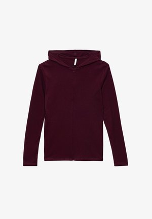 Bordowa bluza z kapturem, długie rękawy i zamek z przodu. Wykonana z miękkiego materiału, o luźnym kroju i prostym designie.