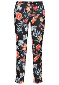 Pantalons floraux avec une base noire et des motifs floraux multicolores, design slim fit, deux poches avant, en tissu léger.