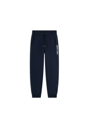 Pantaloni jogger blu navy realizzati in tessuto morbido, dotati di tasche laterali, bordi a coste e stampa del logo sulla gamba sinistra. Il design include pannelli laterali strutturati.